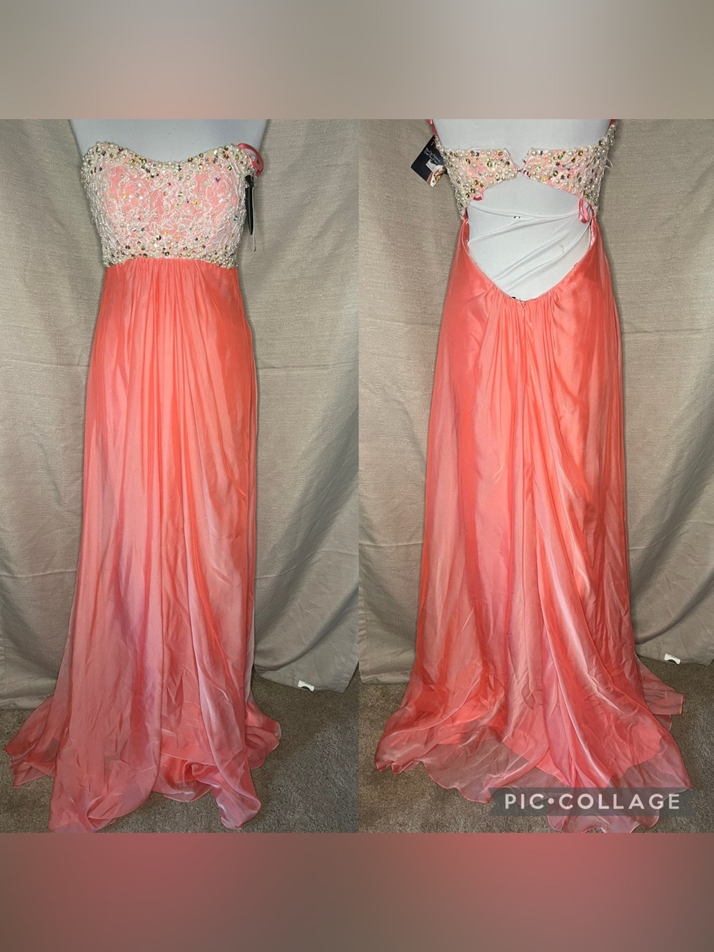 La Femme Coral Beaded Sweetheart Prom Gown